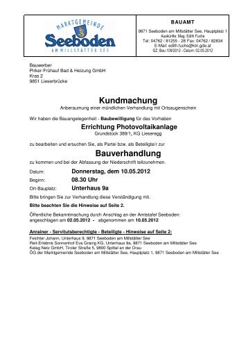 Kundmachung Bauverhandlung - Marktgemeinde Seeboden