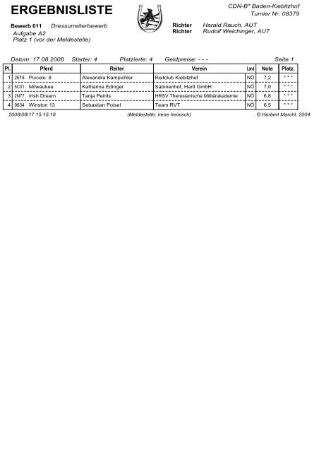 Ergebnisliste Bewerb 001 - Turnier-Meldestelle