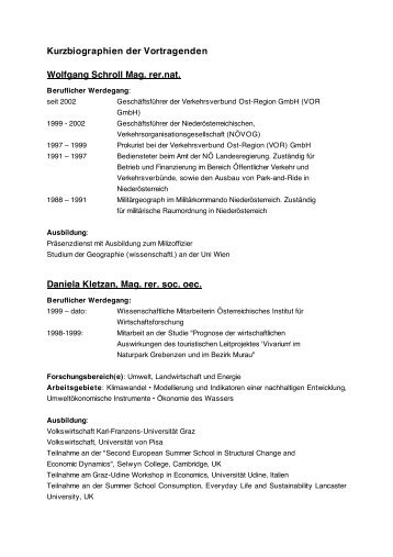 Kurzbiographien der Vortragenden Wolfgang Schroll Mag. rer.nat ...