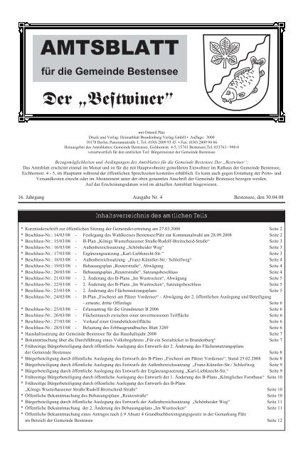 Inhaltsverzeichnis des amtlichen Teils - Bestensee