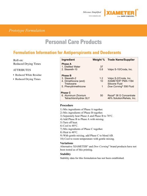 Formulation Information for Antiperspirants and ... - Dow Corning