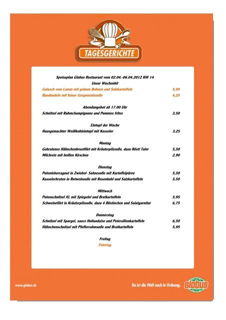 Speiseplan Globus Restaurant vom 02.04.06.04.2012 KW 14 Unser