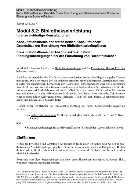 Modul 8.2: Bibliothekseinrichtung - Universitätsbibliothek der Freien ...