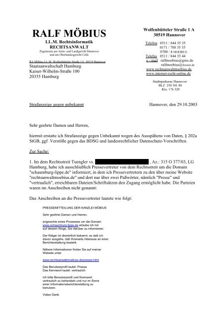 Rechtsanwalt Strafanzeige StGB BDSG - Rechtsanwalt Ralf Möbius