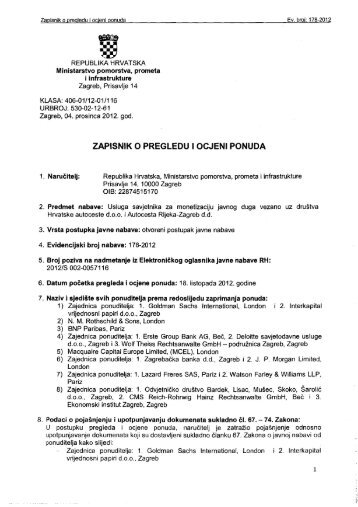 zapisnik o pregledu i ocjeni ponuda - Ministarstvo pomorstva ...