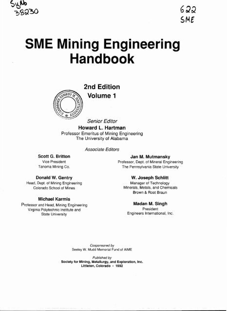 SME Mining Engineering Handbook 2nd Edition Volume 1