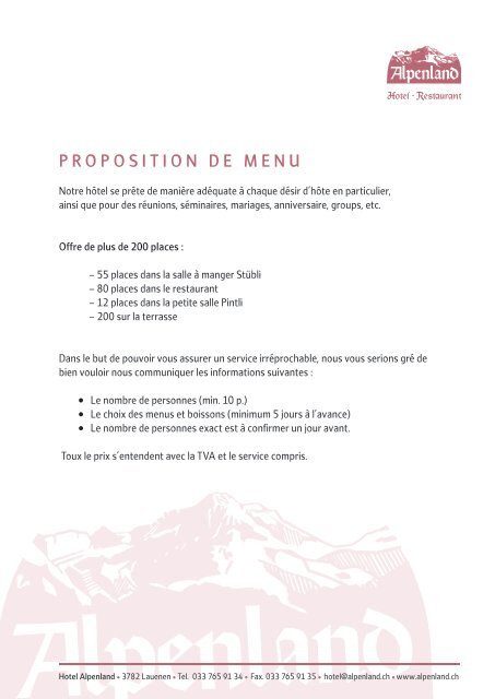Proposition de menu - Hotel Alpenland