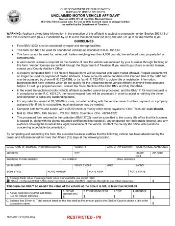 Unclaimed Motor Vehicle Affidavit - Ohio Department of Public Safety