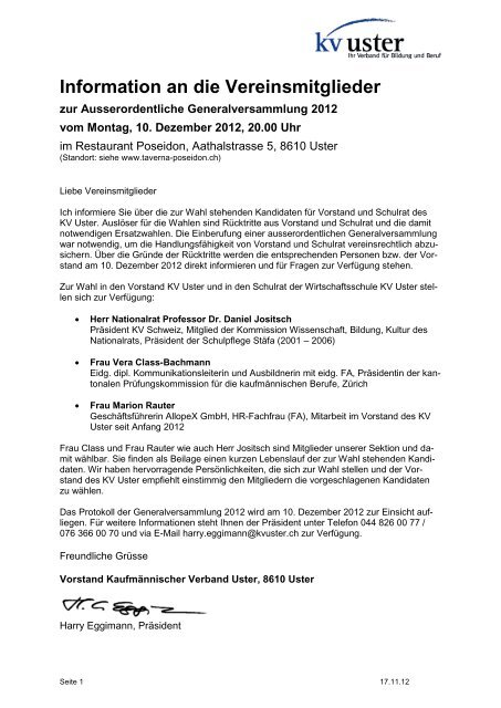 Einladung und weitere Informationen (PDF, 97 kb) - KV Schweiz