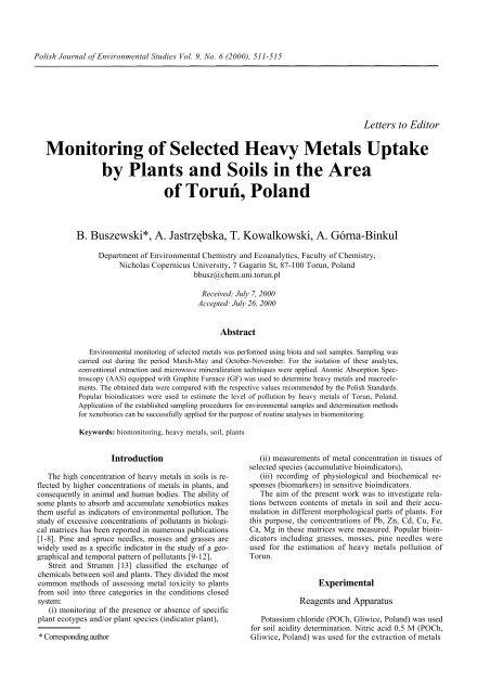 Monitoring of Selected Heavy Metals Uptake by Plants and Soils in ...