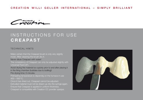 INSTRUCTIONS FOR USE CREAPAST - Creation Willi Geller