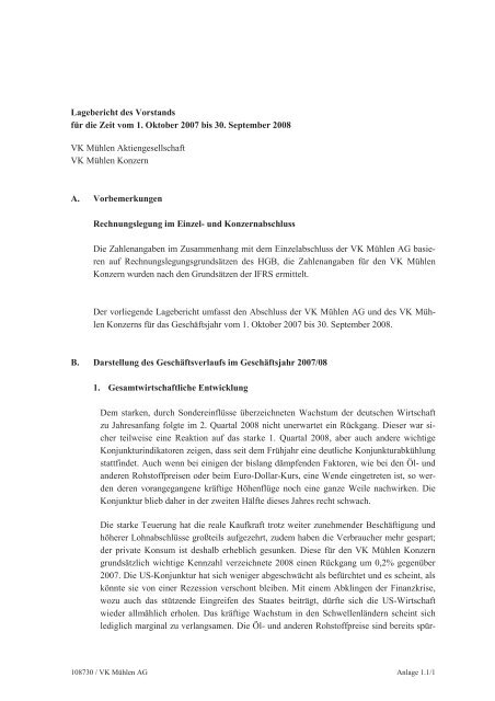 Lagebericht des Vorstands für die Zeit vom 1 ... - VK Mühlen AG