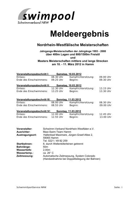 Meldeergebnis - SG-Dortmund Master Schwimmen.
