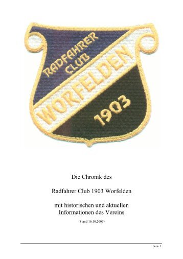 Die Chronik des Radfahrer Club 1903 Worfelden mit historischen ...