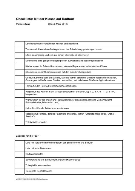 Checkliste - Mit der Klasse auf Radtour (PDF, 13