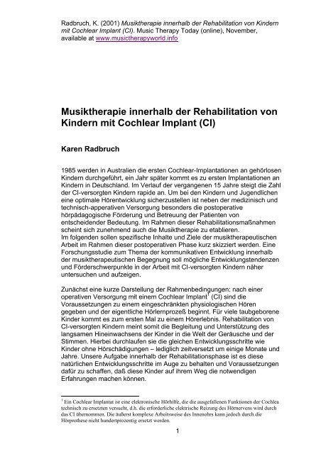 Musiktherapie innerhalb der Rehabilitation von Kindern mit ...