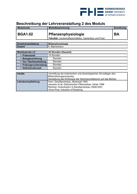 Modulkatalog BGA1.01 Allgemeine Botanik BA