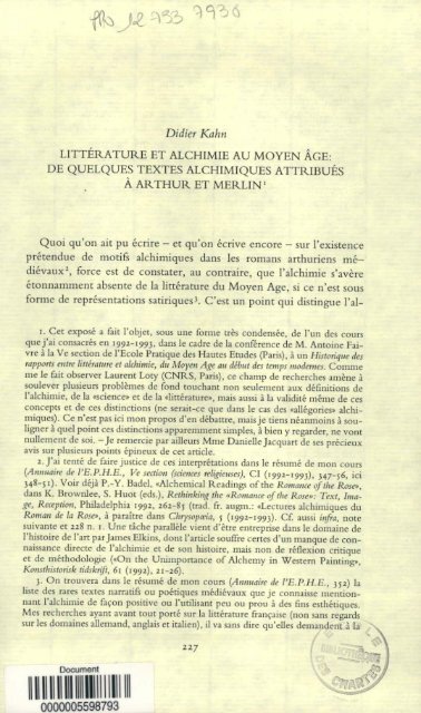 Litterature et alchimie au Moyen age