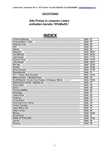 Unsere Preisliste Verkauf/ Versand - maske berlin