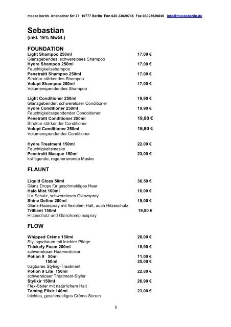 Unsere Preisliste Verkauf/ Versand - maske berlin