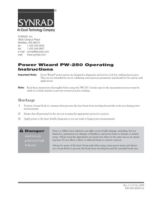 SYNRAD Power Wizard PW-250 Operating Instructions - Synrad, Inc.