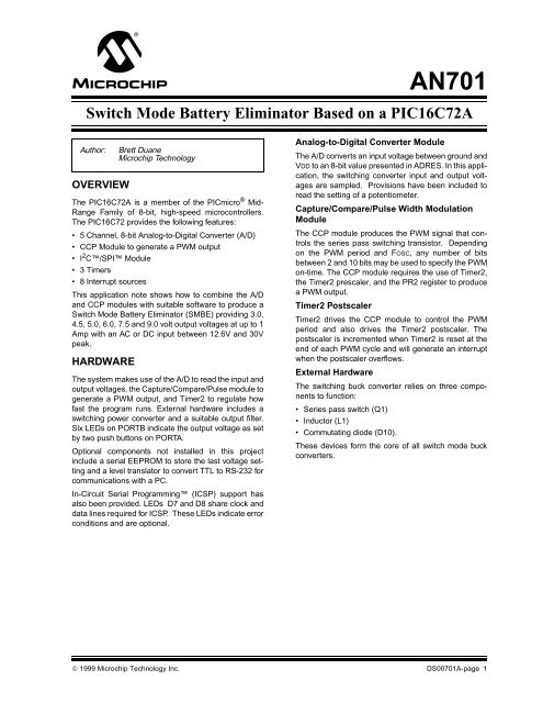 Switch Mode Battery Eliminator Based on a PIC16C72A - Microchip