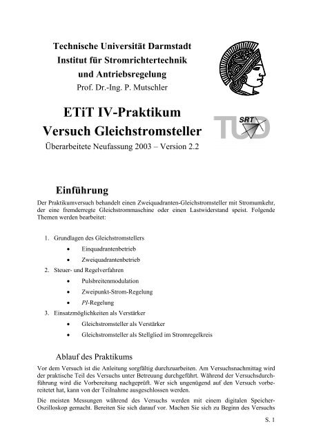 ETiT IV-Praktikum Versuch Gleichstromsteller - Institut für ...