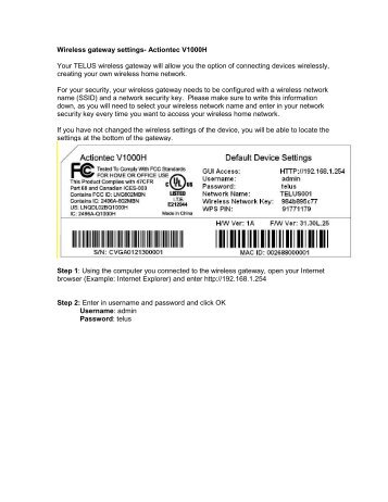 Wireless gateway settings- Actiontec V1000H Your TELUS wireless ...