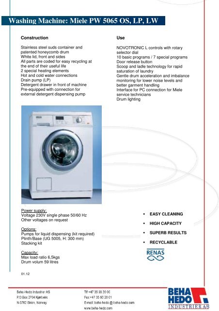 Washing Machine: Miele PW 5065 OS, LP, LW - Beha Hedo