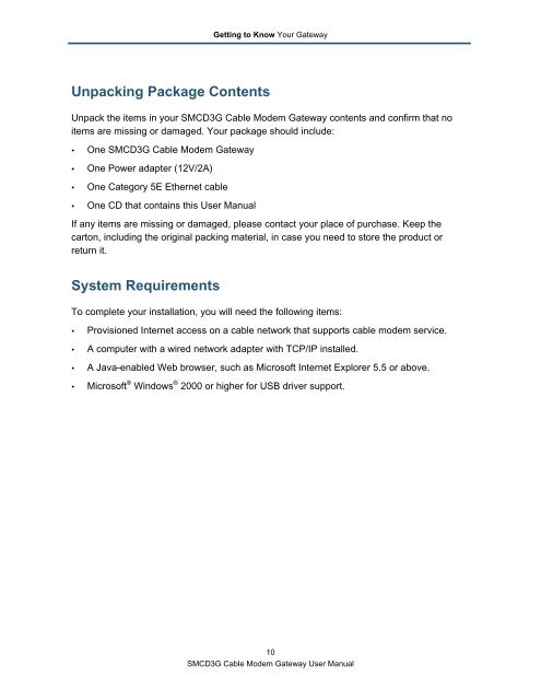 SMCD3G Cable Modem Gateway User Manual