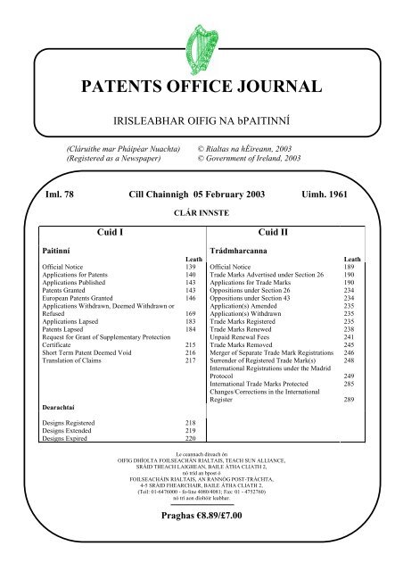 PATENTS OFFICE JOURNAL - Irish Patents Office