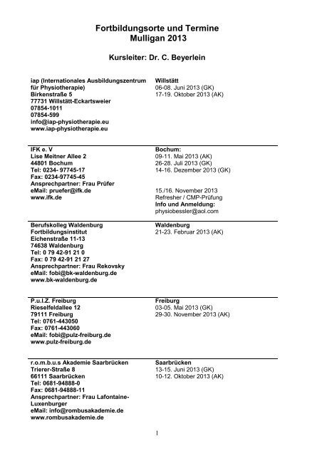 Fortbildungsorte und Termine Mulligan 2013 - Physiotherapie ...