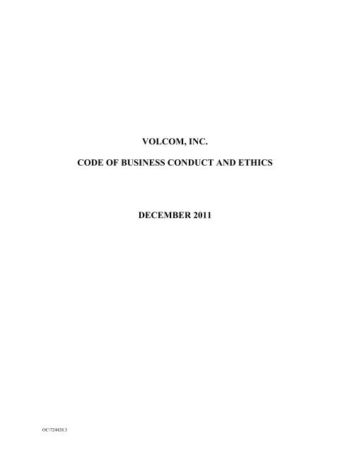 Code Business Conduct and Ethics - Volcom