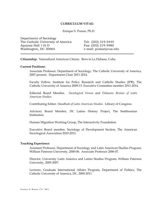 CURRICULUM VITAE: Enrique S. Pumar, Ph.D. Department of ...