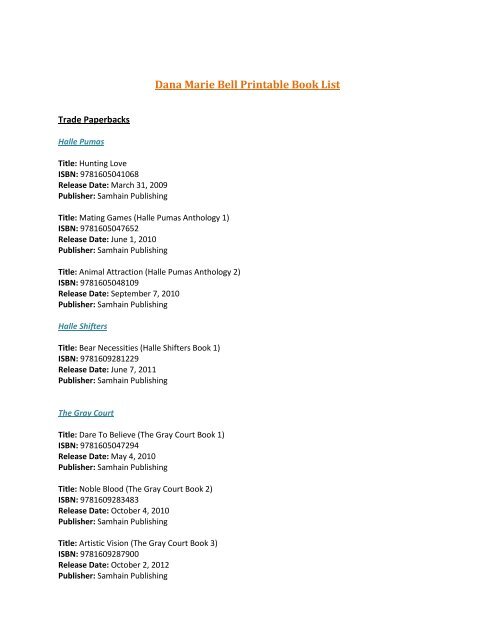 Book List (e and print) (PDF) - Dana Marie Bell