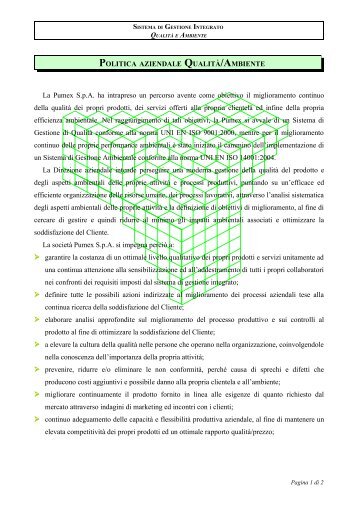 politica aziendale qualità/ambiente - pumex spa