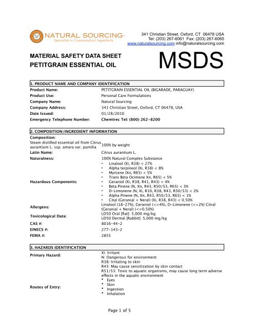 (MSDS) Essential Oil Petitgrain Bigarade - Natural Sourcing, LLC