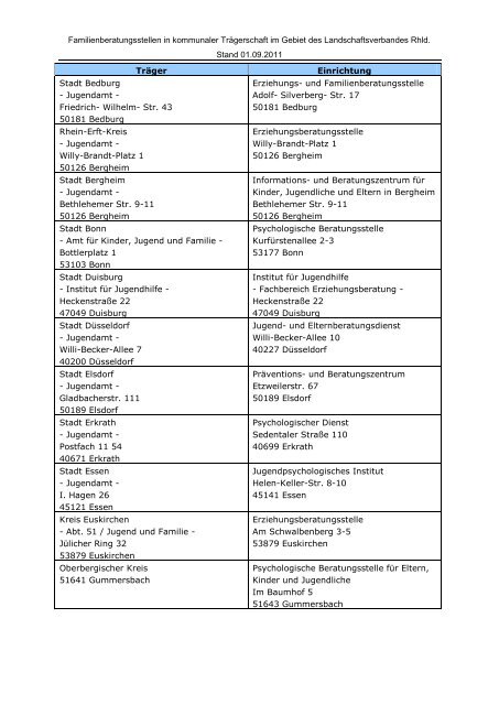 Familienberatungsstellen in kommunaler Trägerschaft im Gebiet des ...