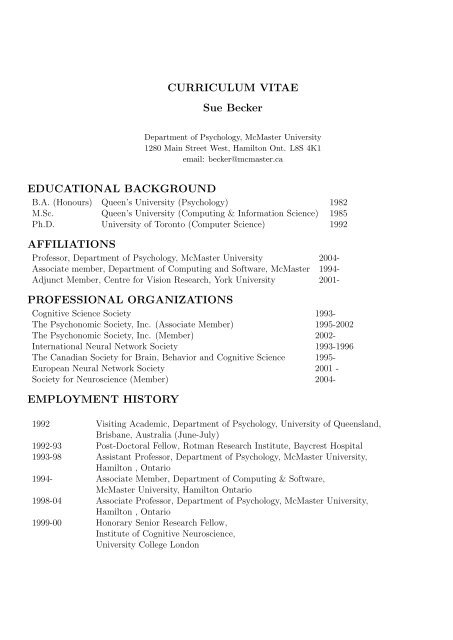 CURRICULUM VITAE Sue Becker - Faculty of Science - McMaster ...