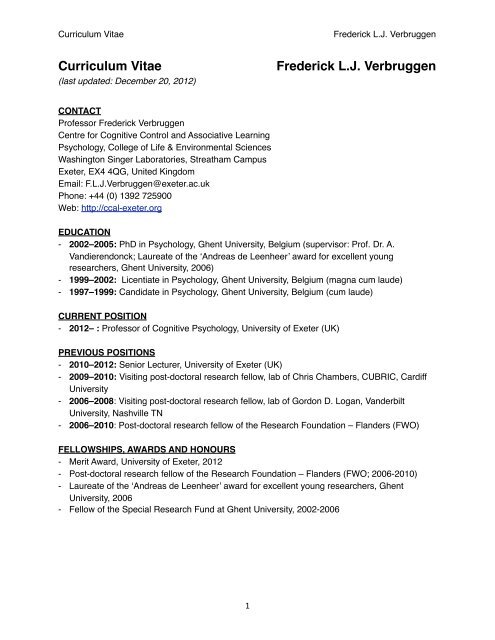 Curriculum Vitae Frederick L.J. Verbruggen - Centre for Cognitive ...