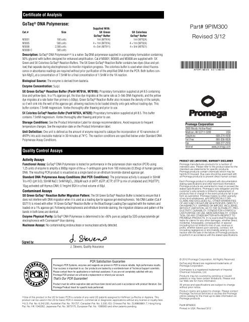 GoTaq DNA Polymerase Product Information Sheet ... - Promega