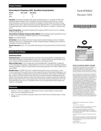 Shrimp Alkaline Phosphatase Product Information Sheet 9PIM820