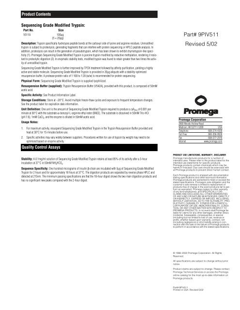 Sequencing Grade Modified Trypsin Promega Product Information ...