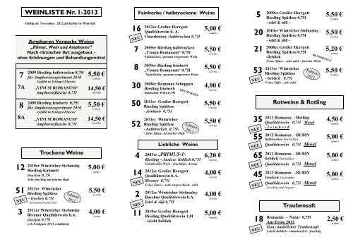 Weinpreisliste 1-2013 - Weingut ROMANUSHOF