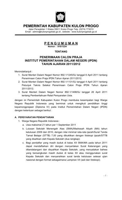 Pemerintah Kabupaten Kulon Progo Bkd Kabupaten
