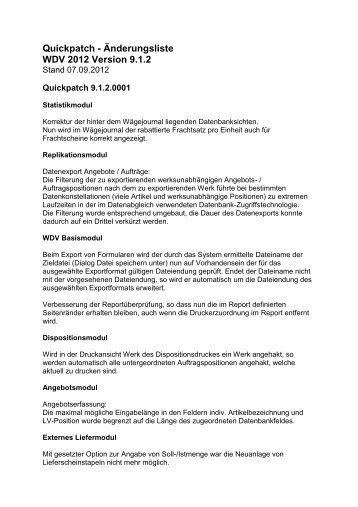 Quickpatch - Änderungsliste WDV 2012 Version 9.1.2 - Praxis EDV