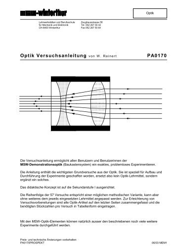 Optik Versuchsanleitung von W. Reinert PA0170 - MSW-Shop