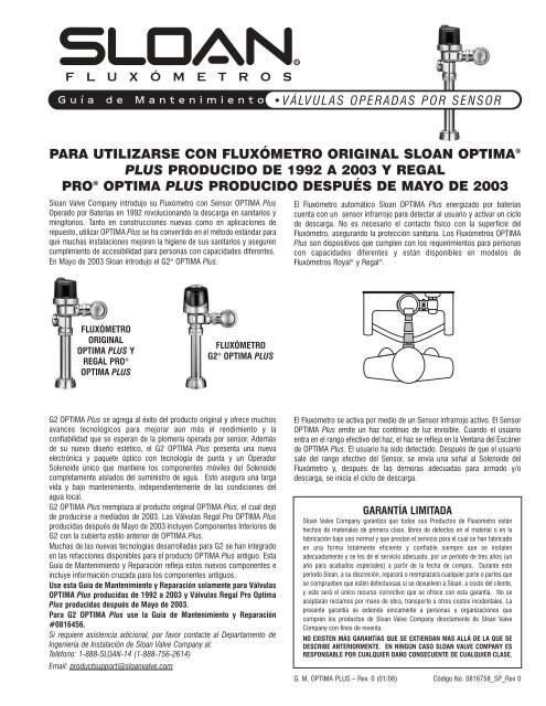 Guía de Mantenimiento: G2 Optima Plus - Sloan Valve Company