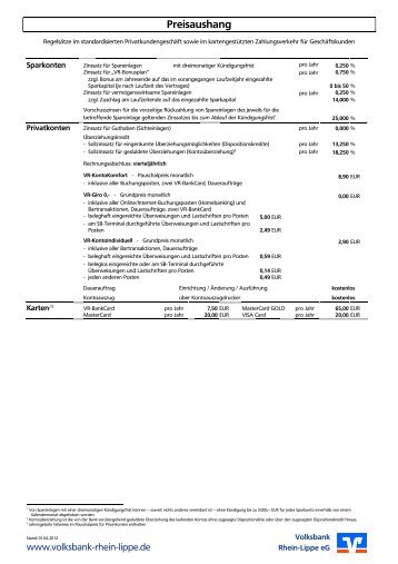 Preisaushang Internet - Volksbank Rhein-Lippe eG