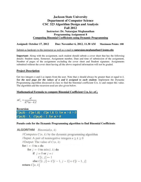 Computing Binomial Coefficients using Dynamic Programming